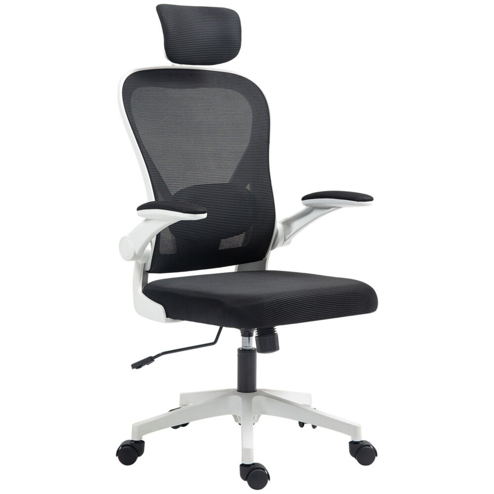 Mesh Office Chair, Ergonomic Desk Chair With Flip-up Armrest, Rotatable Headrest, Adjustable Lumbar Support, Black
