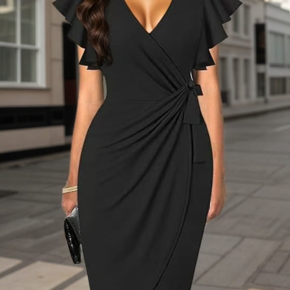 2025 Middle Eastern New Women's Deep V-neck Pleated Sleeve Tight Casual Fashion Dress